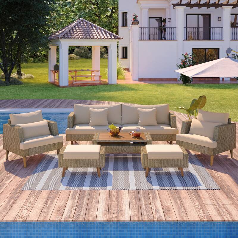 All-Weather PE Wicker Sofa Set with Double Cushions & Wood Legs, 6-Piece Outdoor Rattan Sectional - Brown