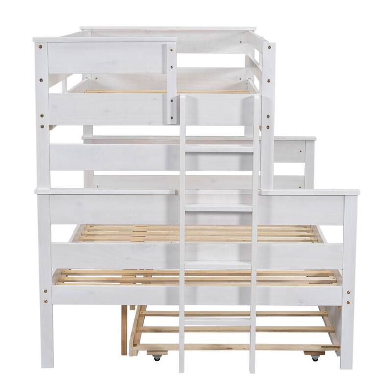 White Twin over Full Bunk Bed with Twin Trundle, Space-Saving Pine Wood & MDF Design