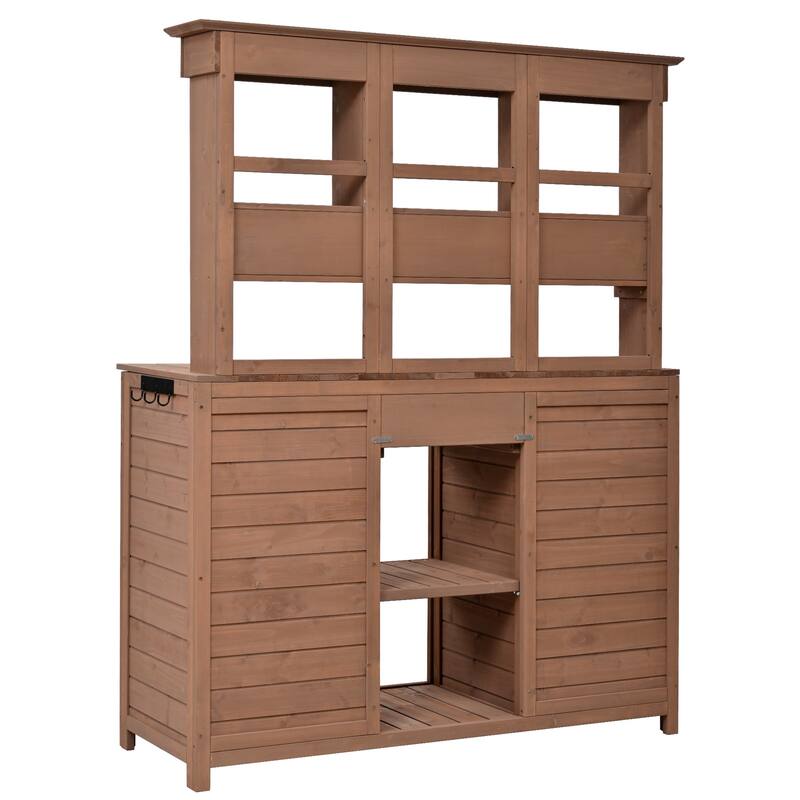 Garden Potting Bench Table with Hutch,Patio Storage Workstation with 3 Shelves,6 Drawers,2 Bottom Cabinets&Side Hooks
