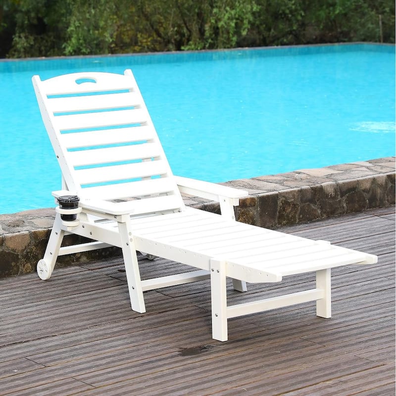 HDPE Chaise Lounge Chair Outdoor, Pool Lounge Chairs with 4-Position Adjustable Backrest, Supports Up to 400 LBS - White