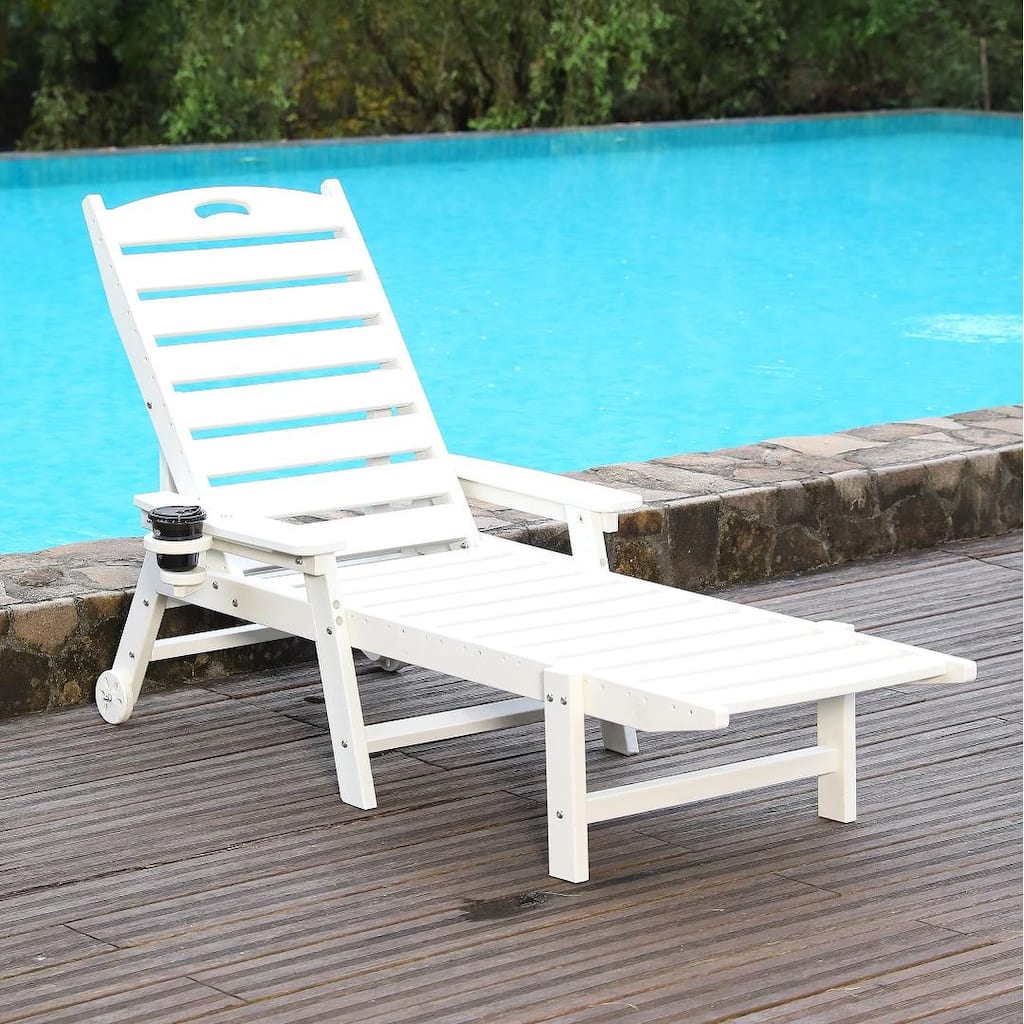 HDPE Chaise Lounge Chair Outdoor, Pool Lounge Chairs with 4-Position Adjustable Backrest, Supports Up to 400 LBS
