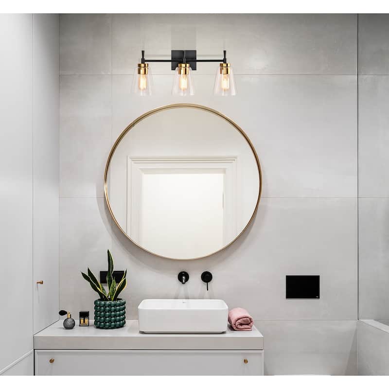 Black and Antique Brass 3-Light Vanity Light with Clear Cone Glass Shades