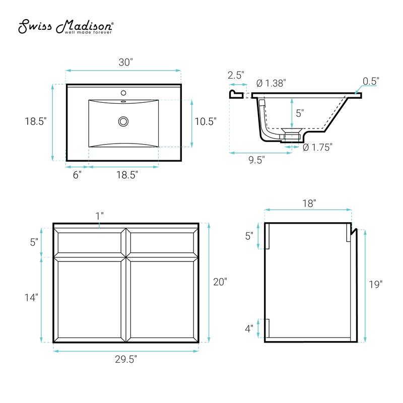 St. Tropez 30" Wall-Mounted Bathroom Vanity In Brown Oak With Black Sink Top - 30