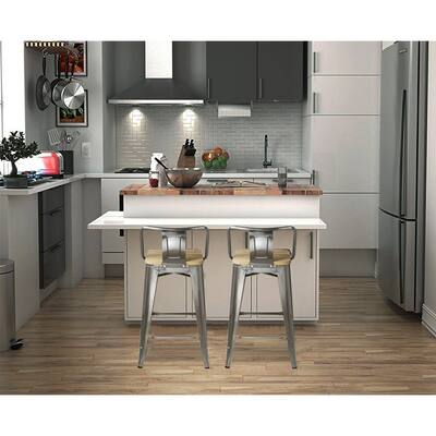 24"Gunmetal Low Back Metal Stool with Light Wooden Seat-Set of 2