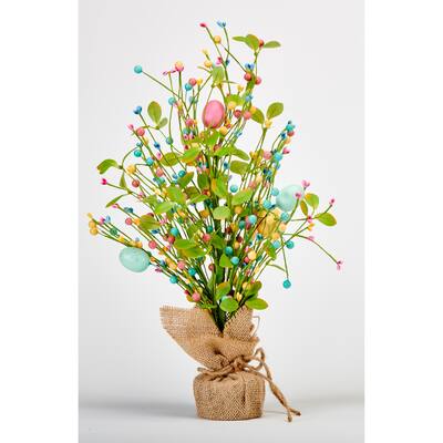 18" Easter Eggs, Berries and Green Leaves Tabletop Tree in Burlap Sack Base - 18