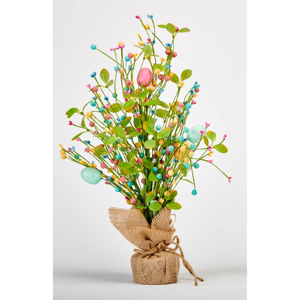 18" Easter Eggs, Berries and Green Leaves Tabletop Tree in Burlap Sack Base - 18