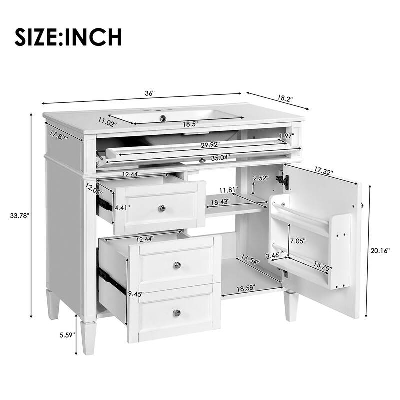 36'' Bathroom Storage Vanity Cabinet with Single Ceramic Sink, Drawers