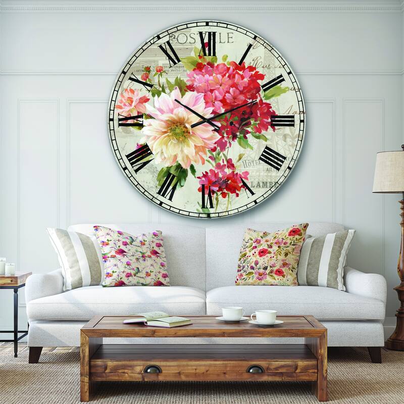 Designart 'Red Painted Flowers on Vintage Postcard III' Farmhouse Large Wall CLock