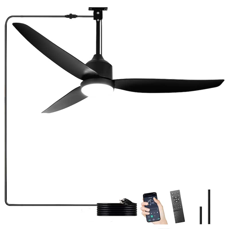 Outdoor Ceiling Fan with Light: 42-52 Inch Hanging - Plug in Waterproof Fans for Patio - Dimmable Remote App Control Black - Black - 52in