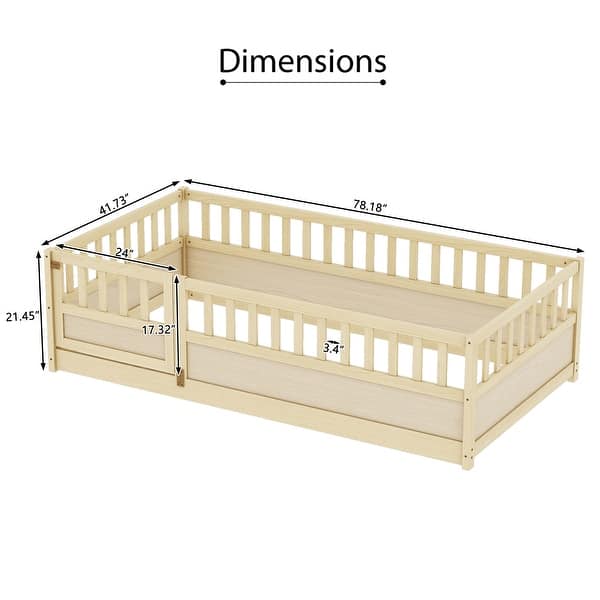 dimension image slide 9 of 11, Wood Montessori Floor Bed with Super High Security Barrier, Door and Support Slats