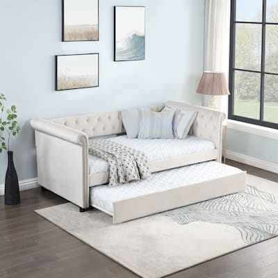 Twin Size Sofa Bed With Trundle, Round Armset Upholstered Tufted Platform Bed Frame For Bedroom