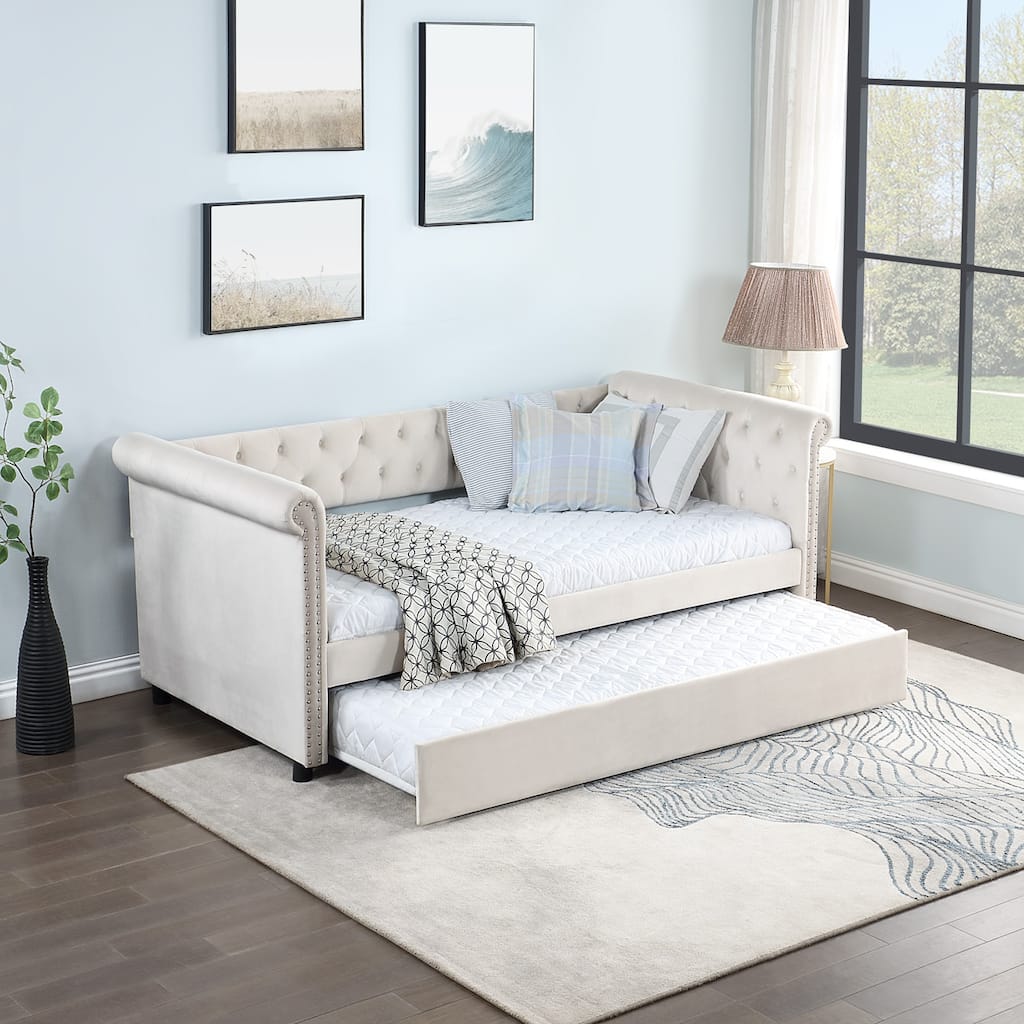 Twin Size Sofa Bed With Trundle, Round Armset Upholstered Tufted Platform Bed Frame For Bedroom
