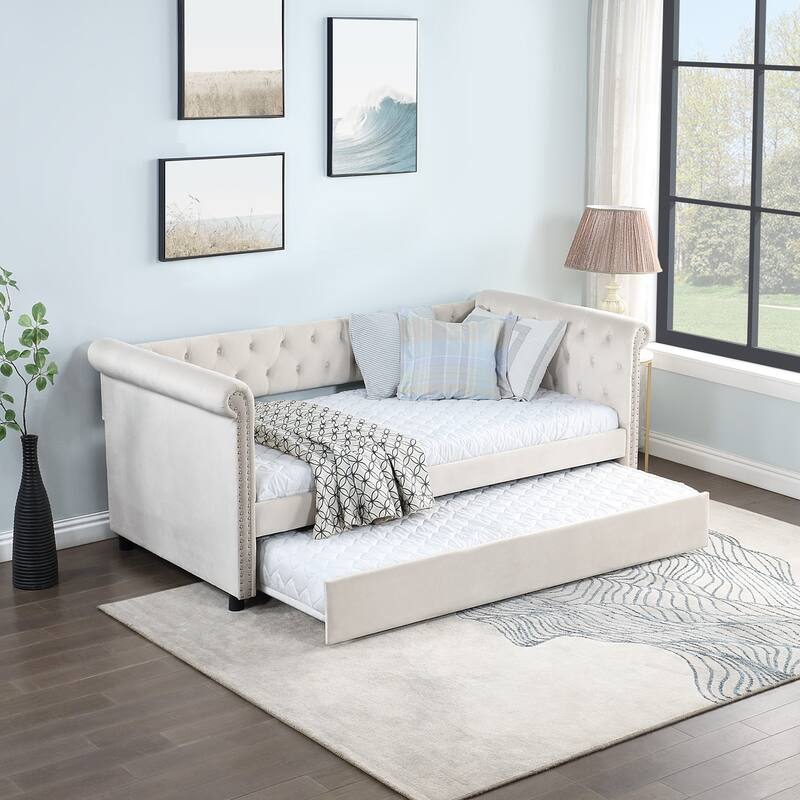 Twin Size Upholstered Velvet Daybed with Trundle and Armset