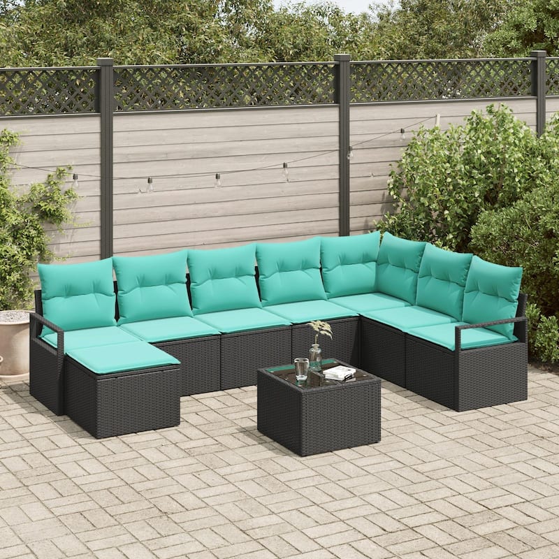 vidaXL 9 Garden Sofa Set with Cushions Black Poly Rattan - 113 x 69.7 x 27.2 - Black with table