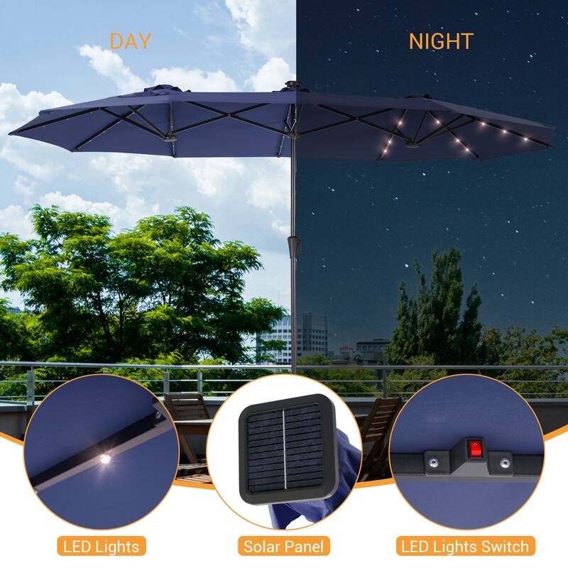 LIVOOSUN 13 x 7.2ft Large LED Double-Sided Rectangular Outdoor Patio Market Umbrella with Crank, Solar Panel, Navy Blue