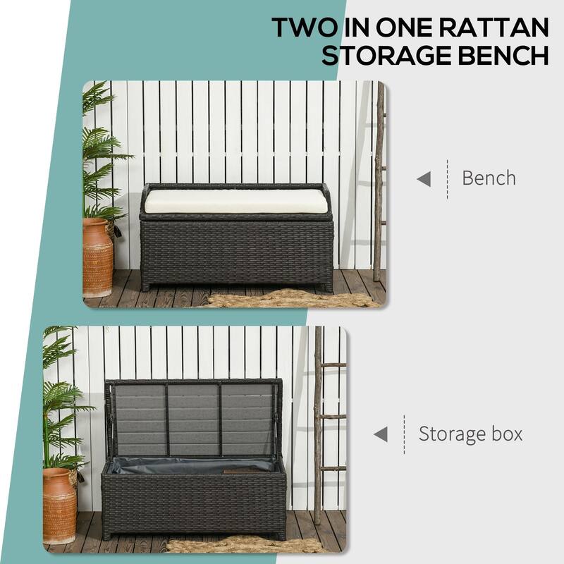 Outdoor Wicker Storage Bench Deck Box Pool Container Storage Box with Interior Waterproof Bag 2 Side Handles and Cushion