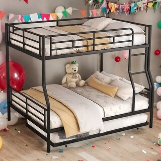 Industrial Modern Full XL Over Queen Metal Bunk Bed with Trundle, Save Space or Split Into 2 Beds, Crafted For Safety, Black