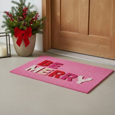 HomeRoots 17" X 29" Pink Red And White Christmas Outdoor Coir Door Mat - 17.00' X '29.00