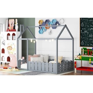 Kids Twin Size Wood Bed with House Frame & Roof - Playhouse Design