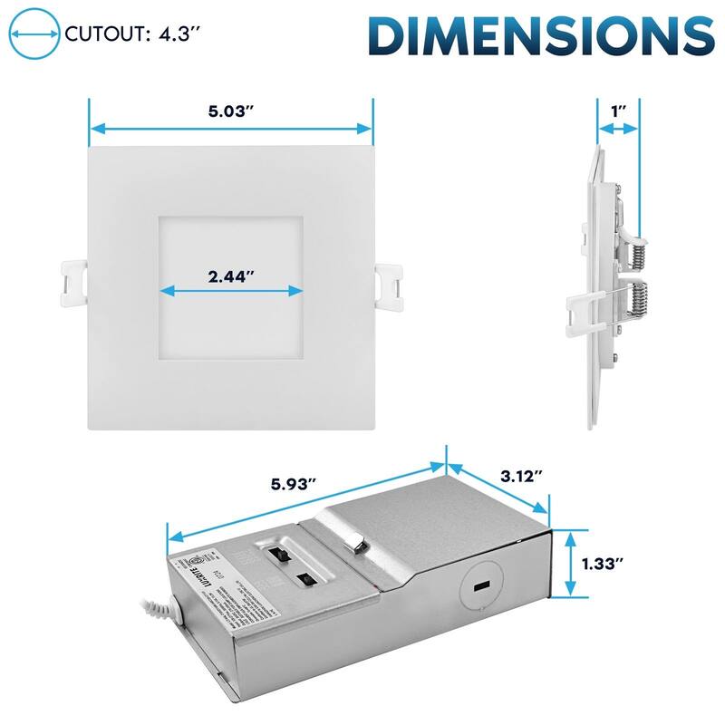 LUXRITE 4 Inch Square Canless Spotlight LED Recessed Light 5CCT Dimmable 650/800/1066 Lumens CRI 90, 8W/10W/13W 4 Pack