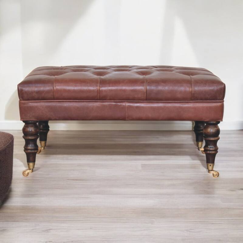 Artisan Furniture Solid Wood Buffalo Brown Leather Ottoman with Castor Legs