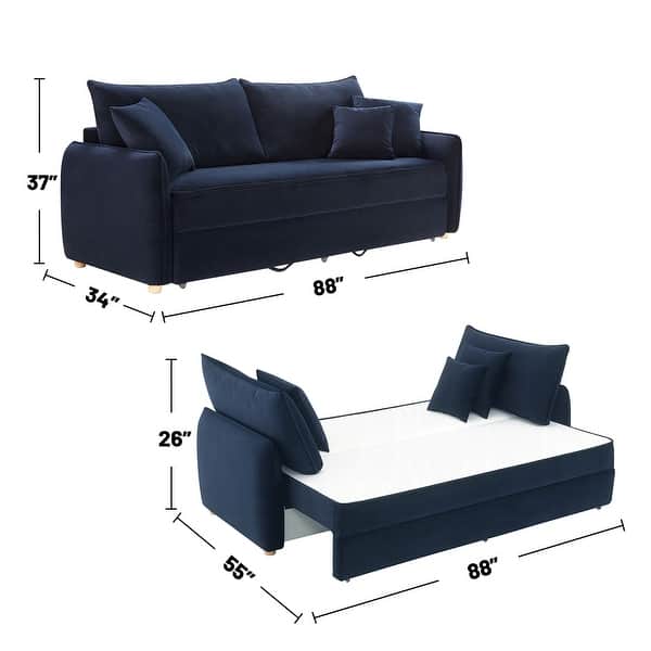 Velvet Upholstered Sofa with Pull-Out Sleeper Design in Blue