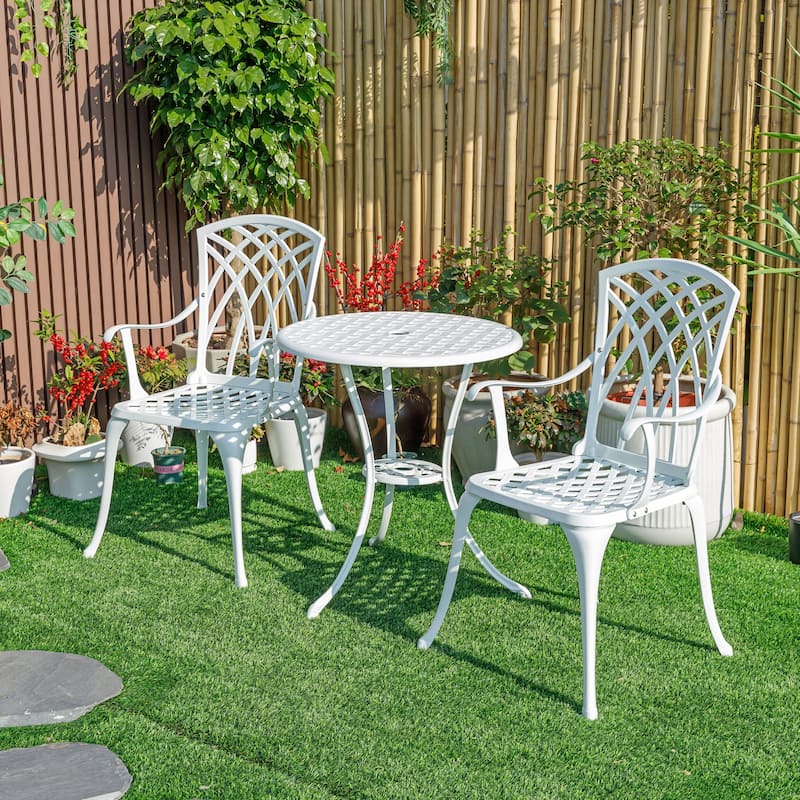 3-Piece Cast Aluminum Outdoor Bistro Set with LED Lights - 35" - White