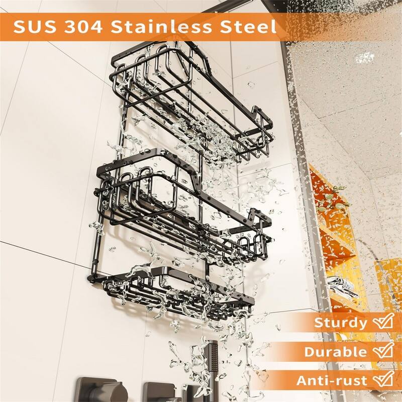 3 Tier Rustproof Hanging Shower Caddy - 4.72"D x 12.2"W x 30"H