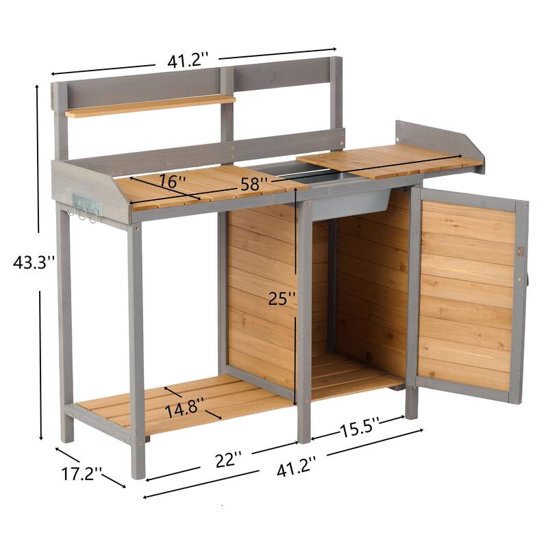 GDF Studio - Outdoor Solid Wood Potting Bench with Sink and Storage Garden Workstation