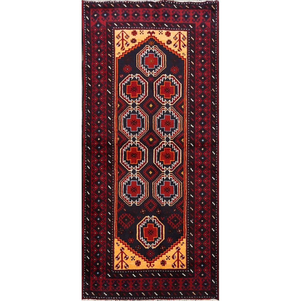 Geometric Balouch Persian Runner Rug Hand-knotted Wool Carpet - 3'3" x 6'7"