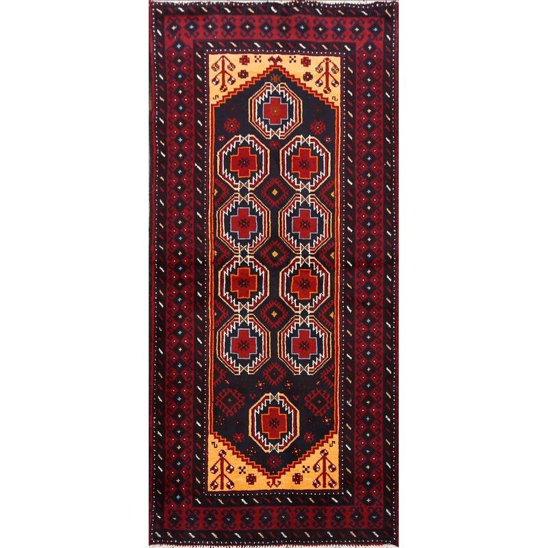 Geometric Balouch Persian Runner Rug Hand-knotted Wool Carpet - 3'3" x 6'7"