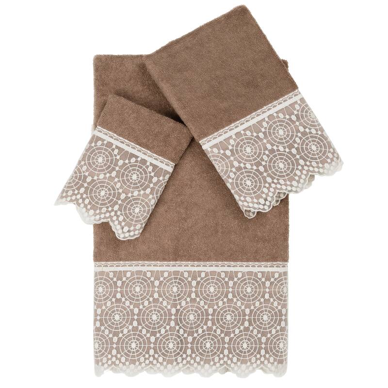 Authentic Hotel and Spa 100% Turkish Cotton Arian 3PC Cream Lace Embellished Towel Set - Latte