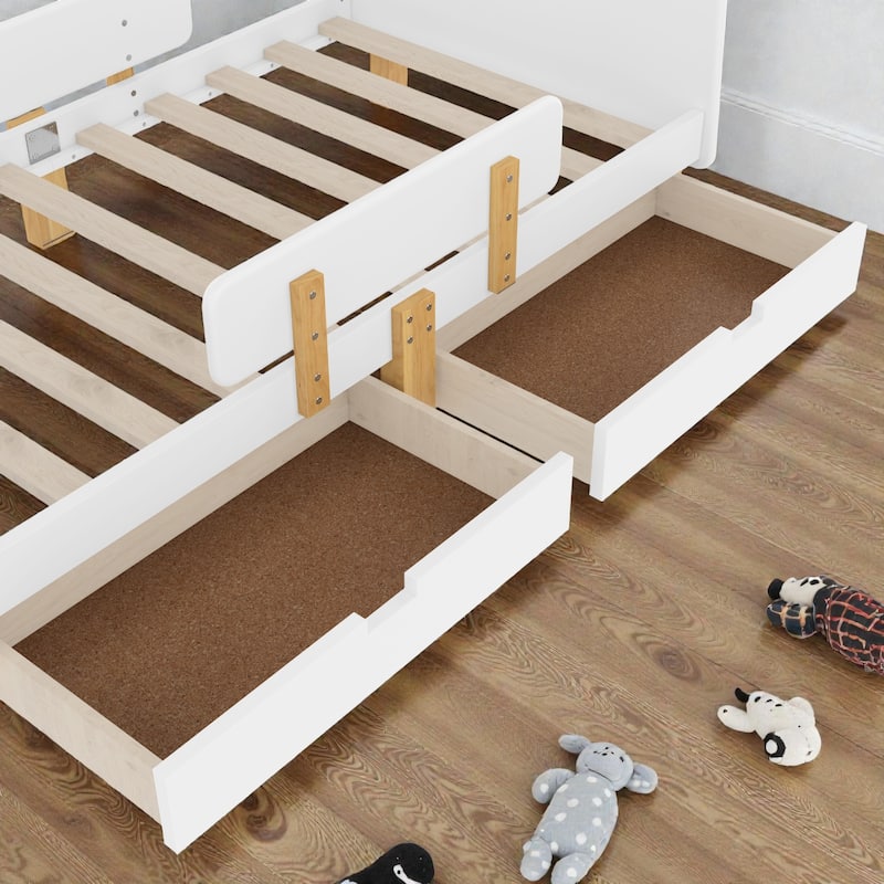 Twin/Full Wood Platform Bed with Storage Drawers, Guardrail, Shelf & Hooks, Solid Wood Frame, No Box Spring Needed