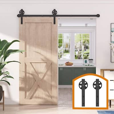 WINSOON 4-12FT Sliding Barn Door Hardware Kit for Single Door Black Big Spoke Rollers