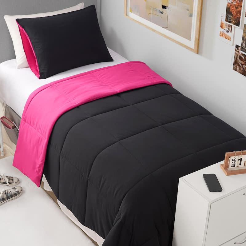 The Sheet Lab Box Stitch Reversible Comforter Sets - Black/Hot Pink - King