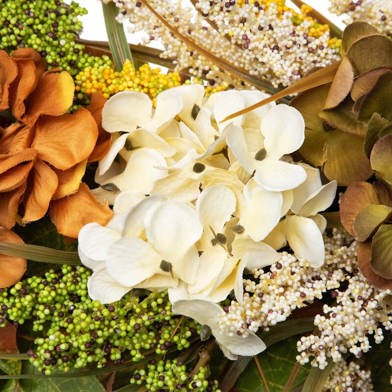 White Orange Hydrangea Artificial Fall Harvest Twig Wreath, 28", Unlit