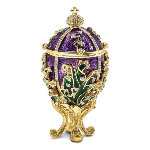 Curata Pewter Crystals Gold-Tone Enameled Lily of The Valley Purple Egg W/Ring Pad Trinket Box on 18 Inch Necklace
