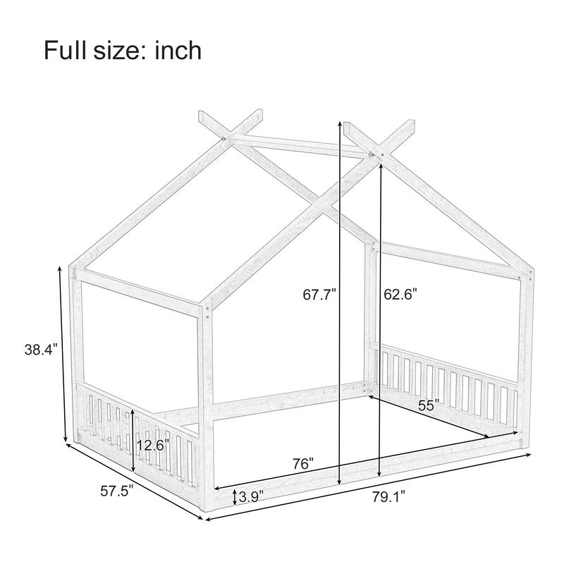 Full Size Montessori Style House Bed for Kids,Floor Bed Frame with Headboard and Footboard,Wooden Fence Bed ,Slat Not Included