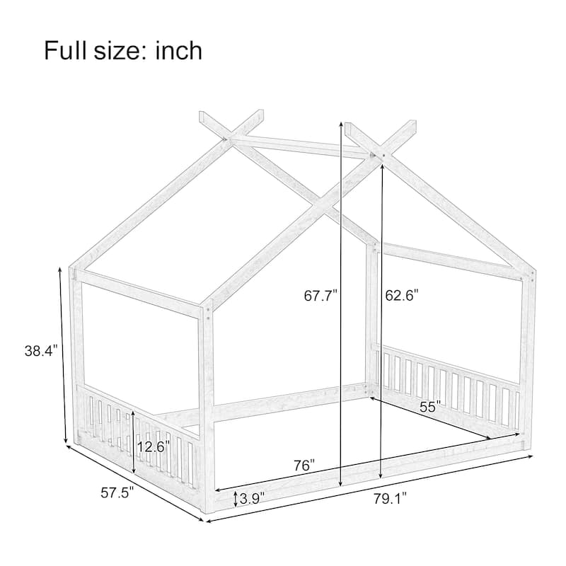 Montessori House-shape Bed Frame for Kids Toddler Floor Bed with Fence Headboard Footboard, Low Wooden Tent Bed Without Slats