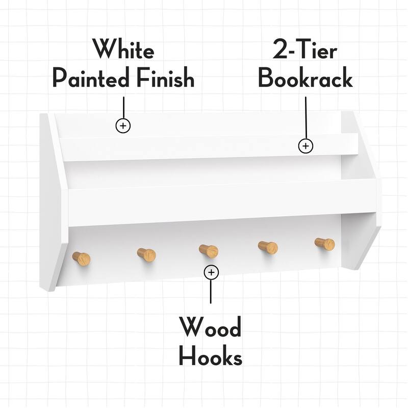 RiverRidge Kids Catch-All Wall Shelf with Bookrack and Hooks for Books and Bags - White with Pine Wood Accents
