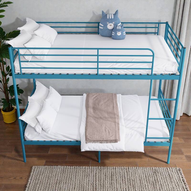 Twin Over Twin Metal Bunk Bed with Ladder and High Guardrails, Convertible to 2 Twin Beds, Noise-Free Design