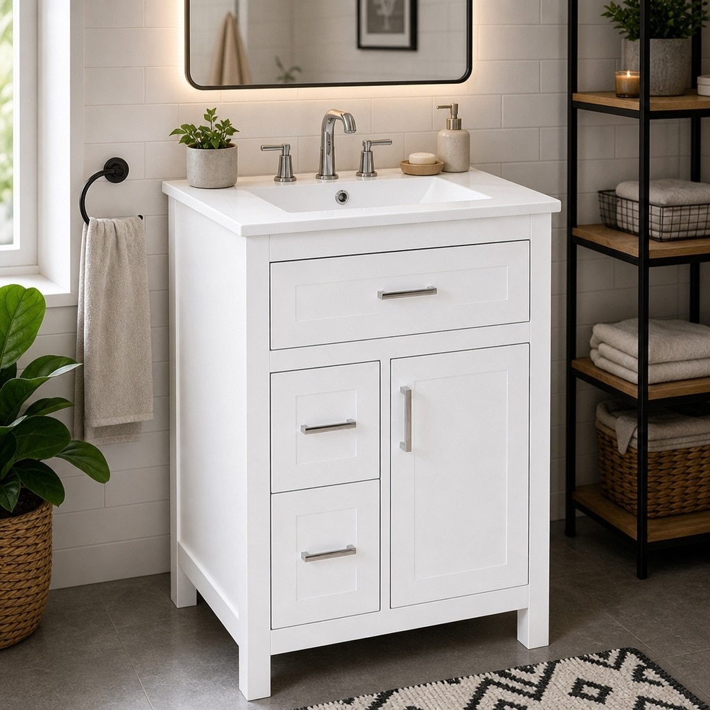 24 Inch Bathroom Vanity with Ceramic Sink, Freestanding Cabinet, 3 Drawers, Adjustable Shelf, Soft-Close Door