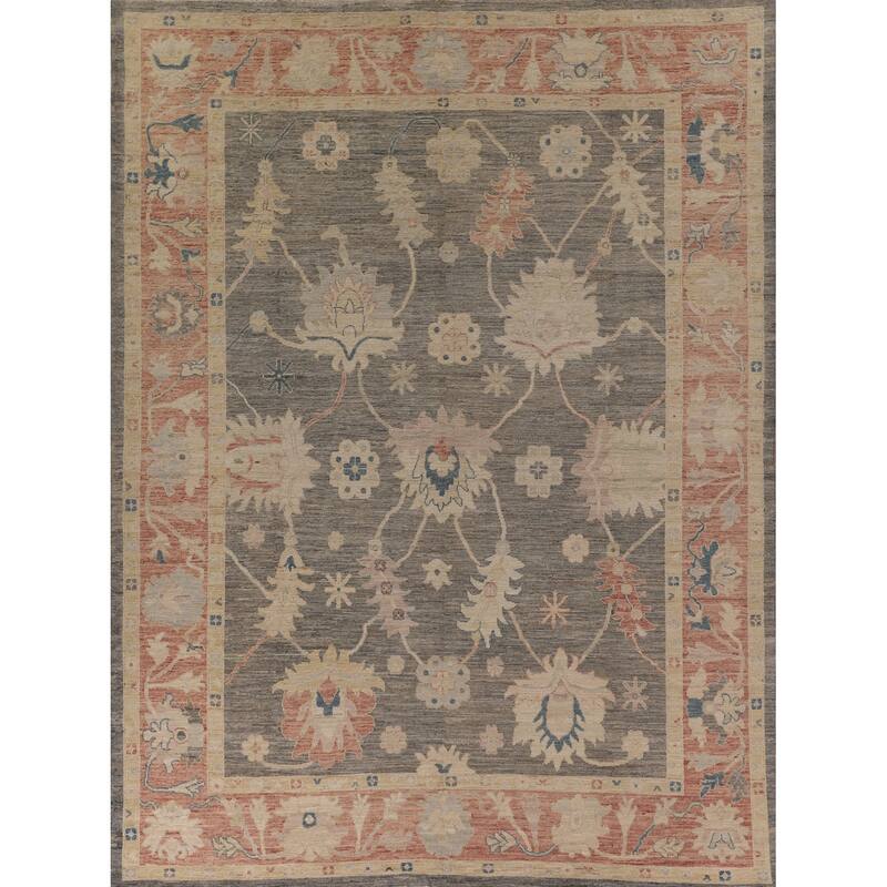 Vegetable Dye Oushak Turkish Area Rug Hand-Knotted Grey Wool Carpet - 9'2" x 11'0"