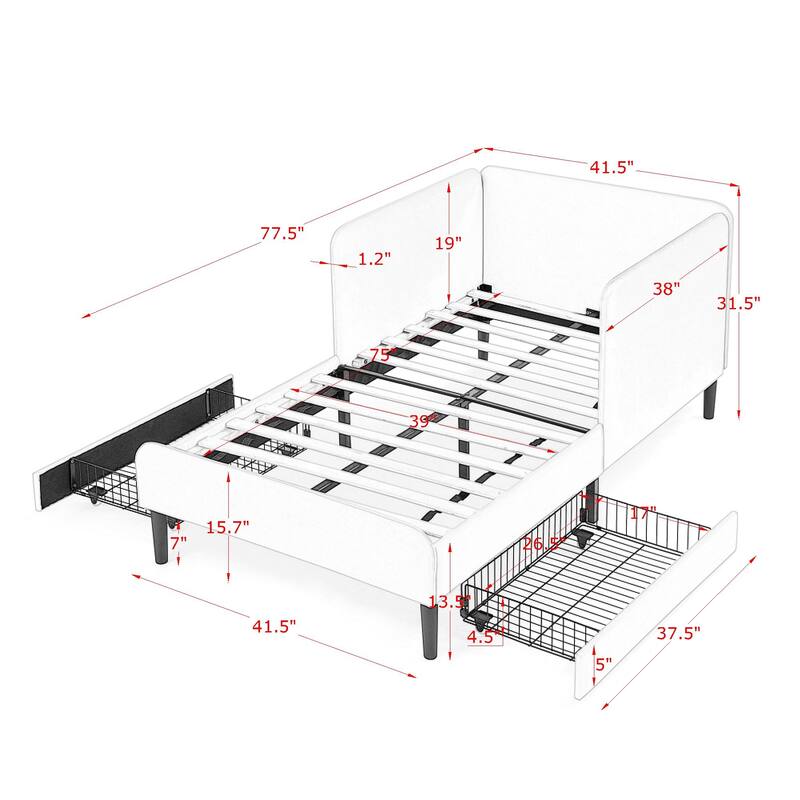 Twin Size Upholstered Platform Bed Frame With 2 Storage Drawers, Adjustable Velvet Sofa Bed