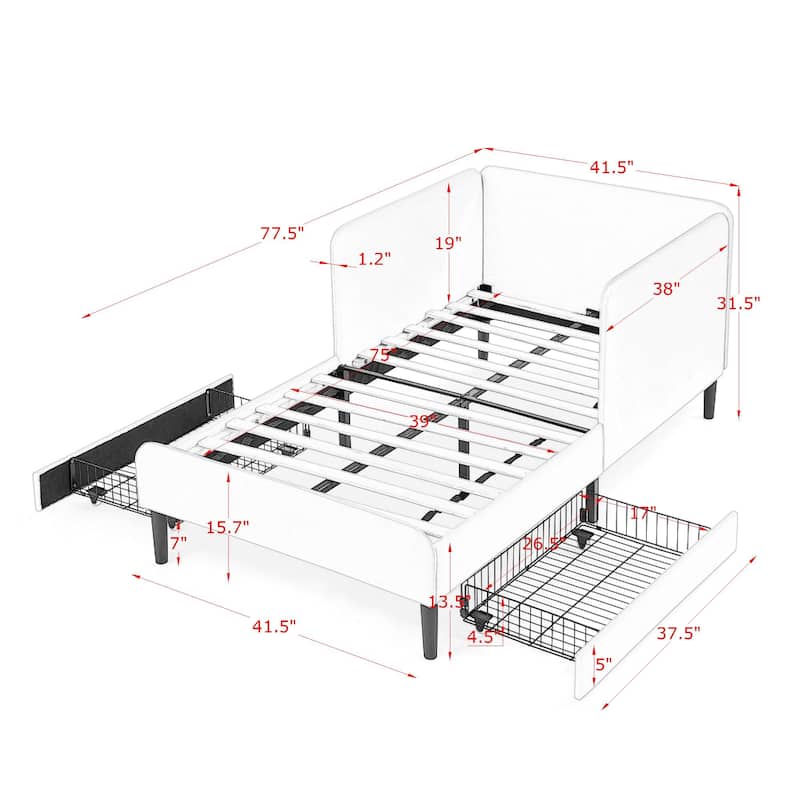 Twin Size Upholstered Platform Sofa Bed with Velvet Cushions and 2 Storage Drawers, Convertible Daybed Frame