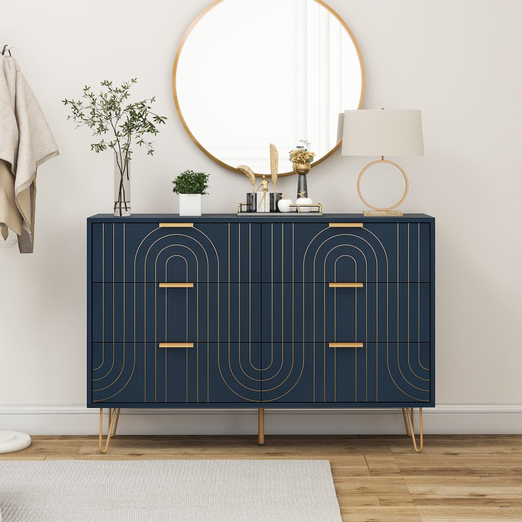 Modern 6-Drawer Double Dresser with Metal Golden Handles and Golden Leg, Storage Cabinet for Bedroom, Living Room