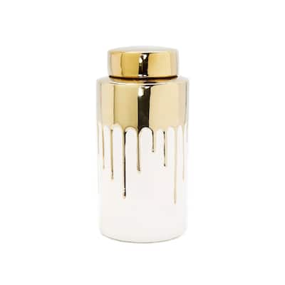 White Jar With Gold Cover And Drip Design
