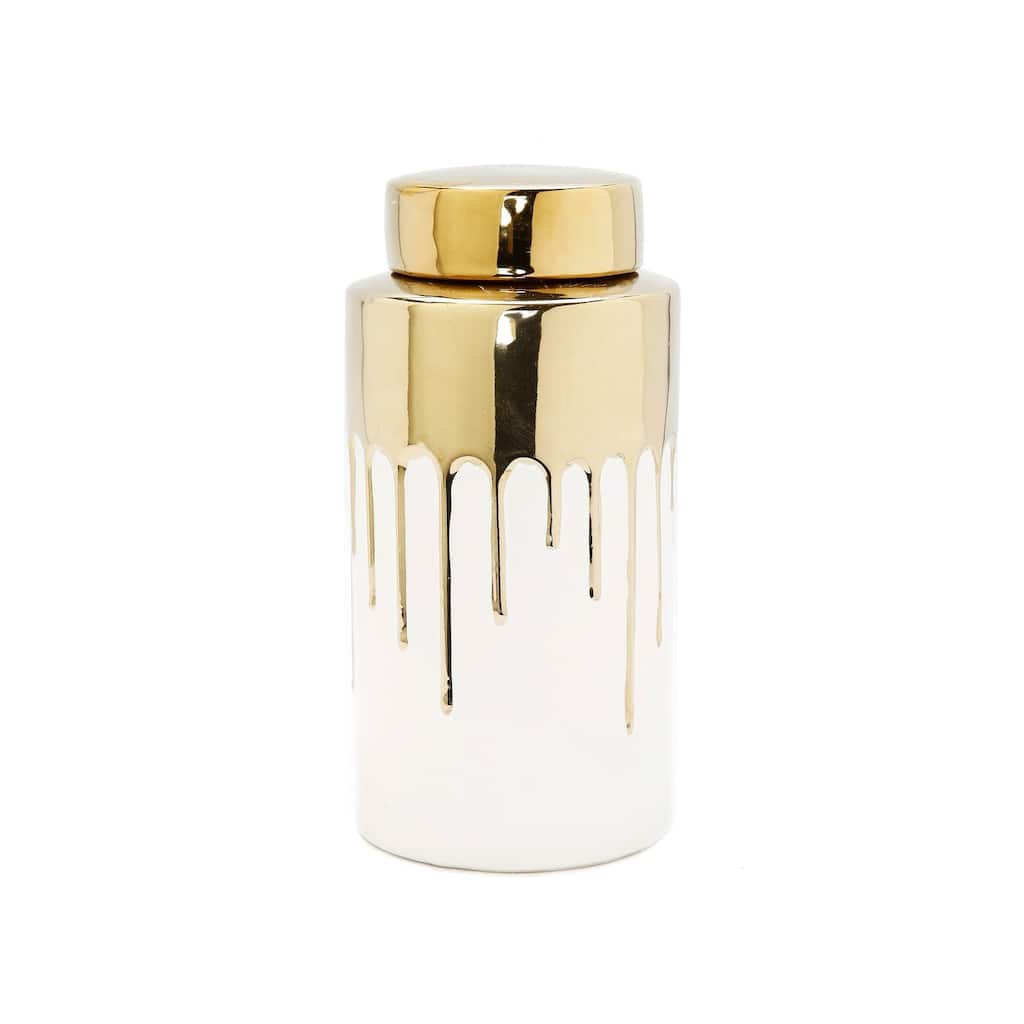 White Jar With Gold Cover And Drip Design