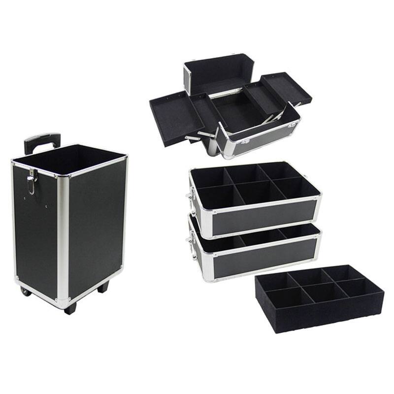 Black Aluminum Multiple Compartments Makeup Case with Draw-Bar Design for Travel Friendly - 13.77” x 9.84” x 29.52 - Black