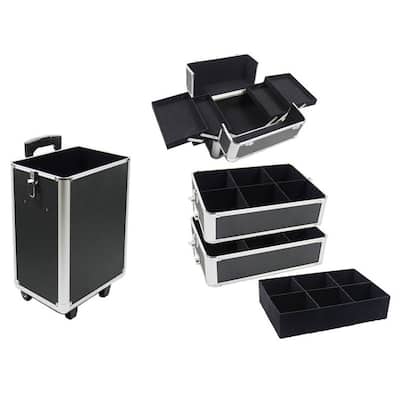 Black Aluminum Multiple Compartments Makeup Case with Draw-Bar Design for Travel Friendly - 13.77” x 9.84” x 29.52